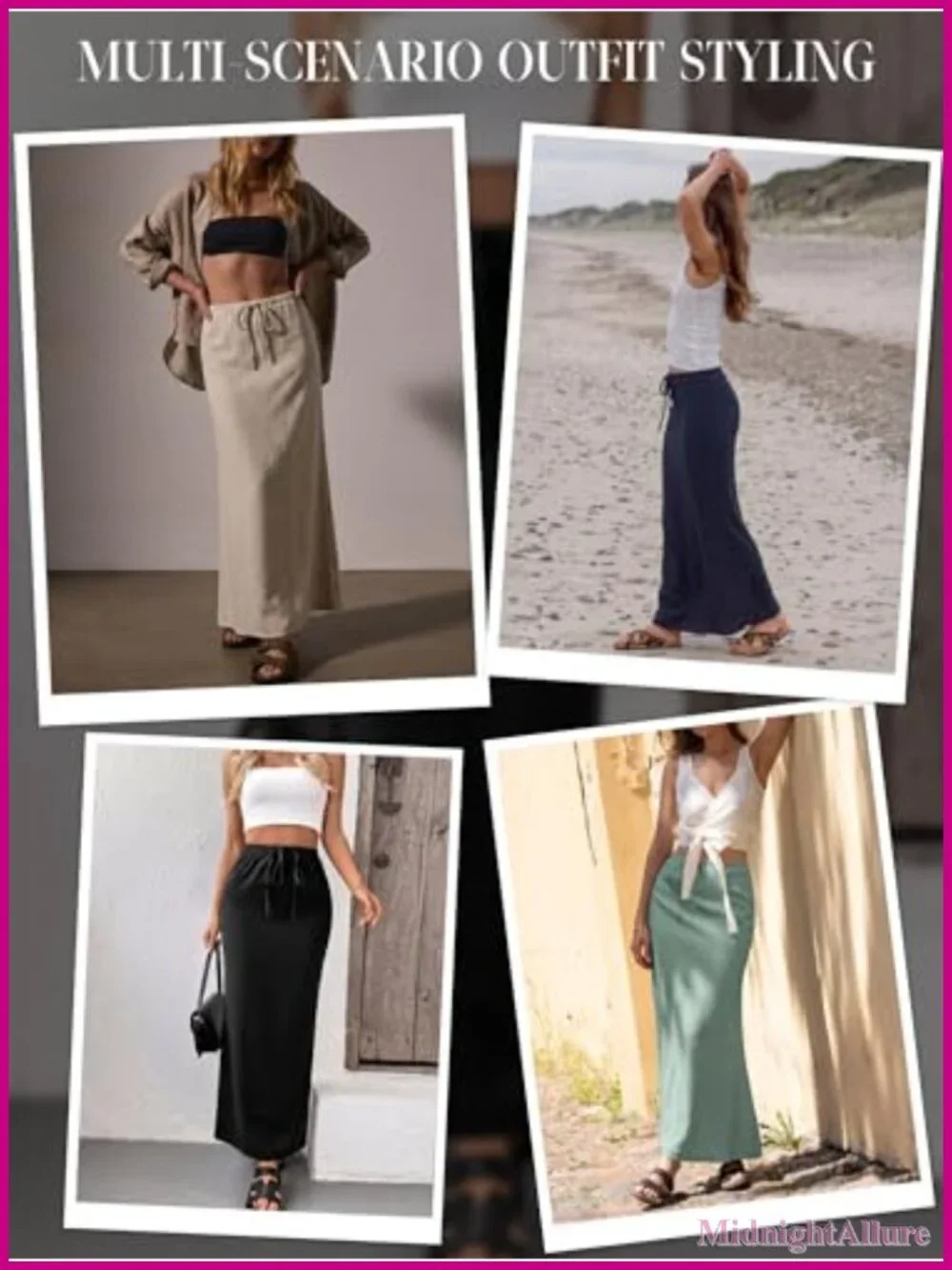 Linen Blend Maxi Skirt with Back Slit - Elastic Waist Drawstring Long Flowy